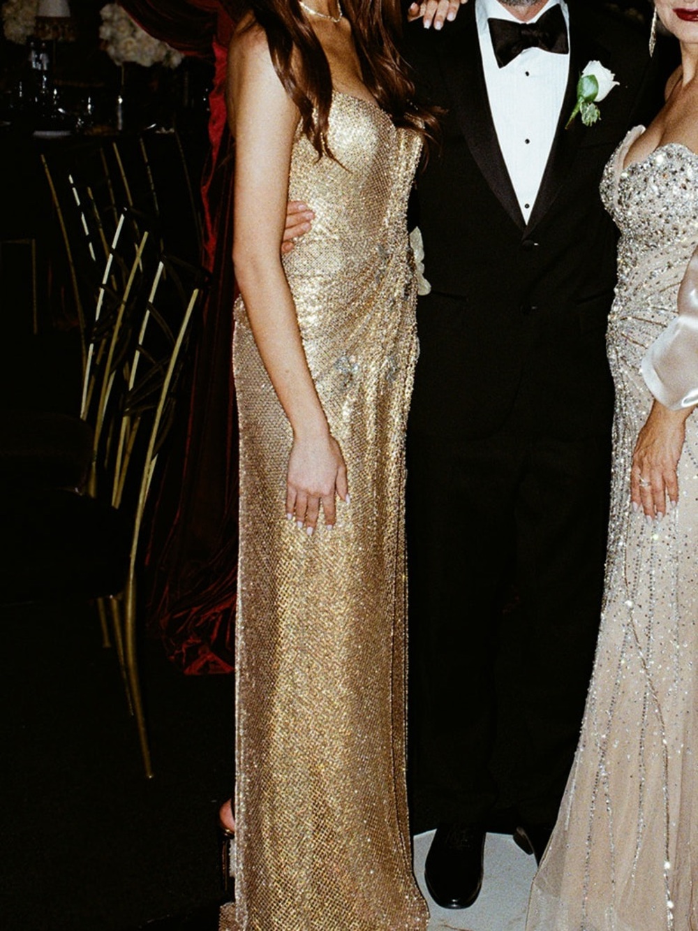 Strapless Gold Evening Gown with Floral Appliqué - Picture 4 of 4